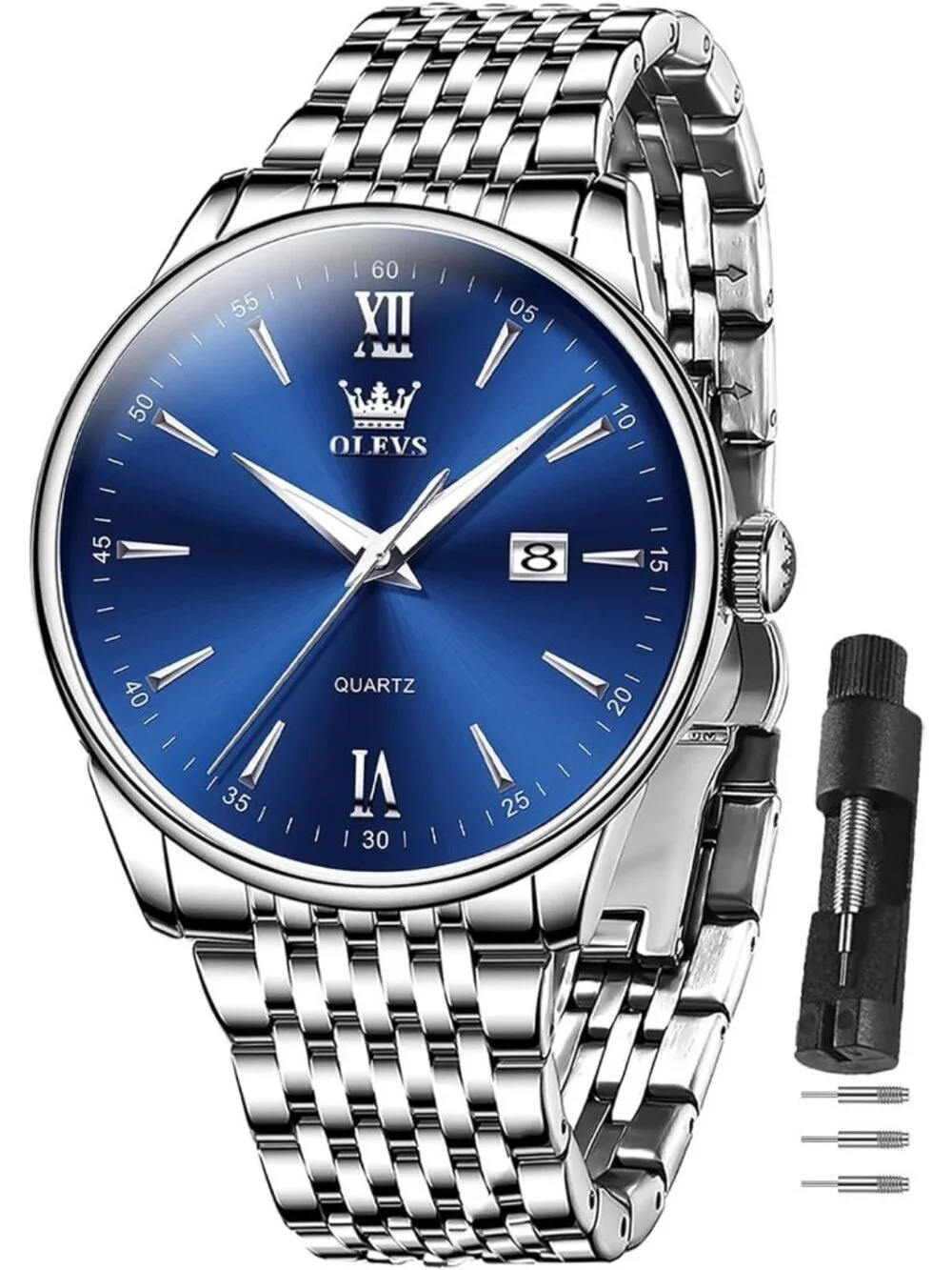 Men's Blue Silver Stainless Steel Band Waterproof Roman Numbers Classic Watch